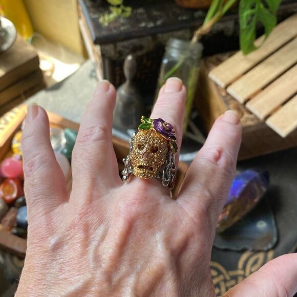 Crystal Skull Multicolor Ruthenium Ring Unisex Size 9,10 - Picture 4 of 5